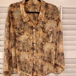 Free People Easy Rider Sheer Tan Peachy Long Sleeve Button Down Blouse